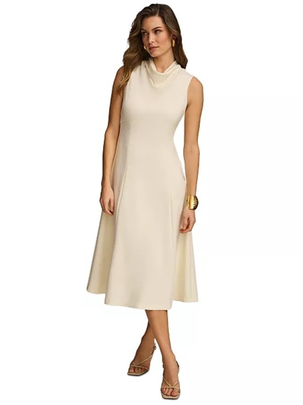 Donna Karan Sleeveless Cowl-Neck Midi Dress in Cream